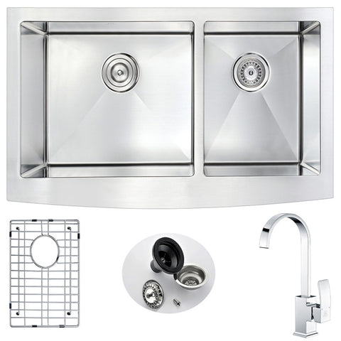 K36203A-035 - ANZZI Elysian Series 19 in. Farmhouse Double Bowl 18 Gauge Brushed Satin Finish Steel Kitchen Sink with Drain Included