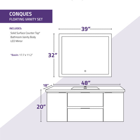48 in W x 20 in H x 18 in D Bath Vanity with Cultured Marble Vanity Top in White with White Basin & Mirror