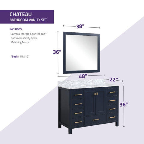 Chateau 48 in. W x 22 in. D Bathroom Bath Vanity Set with Carrara Marble Top with White Sink