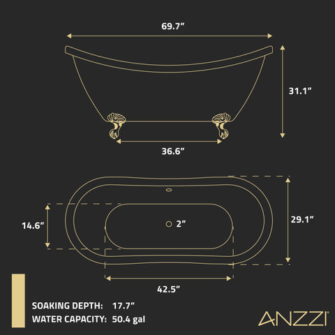 ANZZI 70 in. x 30 in. Claw Foot Freestanding Soaking Bathtub - Falco Series