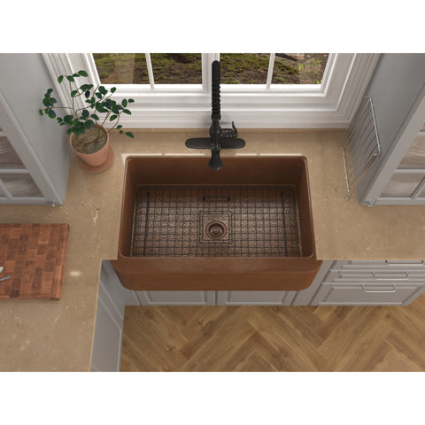 Miletus Farmhouse Handmade Copper 33 in. 0-Hole Single Bowl Kitchen Sink in Hammered Antique Copper