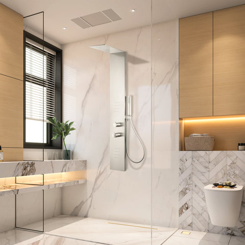 Collines Series 55 in. 2-Jetted Shower Tower in Brushed Nickel with Heavy Rain Shower, Spray Wand, and DIY Friendly