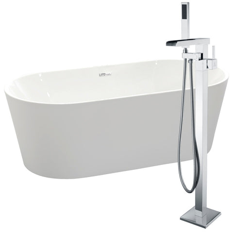 FTAZ098-0059C - ANZZI Chand Series 67 in. x 32 in. Flat Bottom Freestanding Soaking Bathtub with Center Drain and Faucet in Glossy White