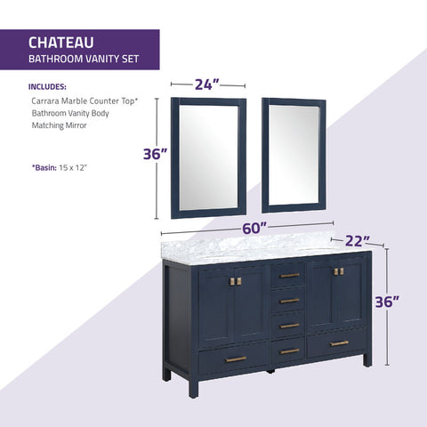 Chateau 60 in. W x 22 in. D Bathroom Vanity Set with Carrara Marble Top with White Sink