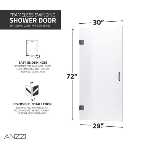 Passion Series 30 in. by 72 in. Frameless Hinged Shower Door with Handle