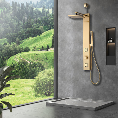 Dion Series 39 in. 2-Jetted Shower Tower with Heavy Rain Shower and Body Jets and Spray Wand in Brushed Gold