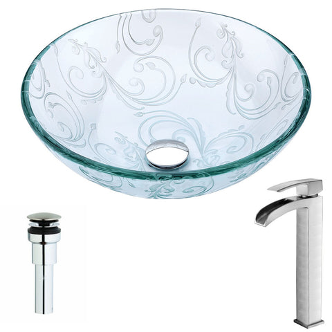 LSAZ065-097B - ANZZI Vieno Series Deco-Glass Vessel Sink in Crystal Clear Floral with Key Faucet in Brushed Nickel