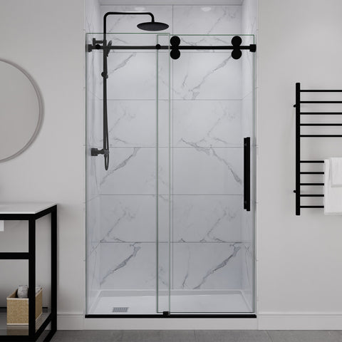 ANZZI Series 44 to 48 in. x 76 in. Frameless Shower Door with Sliding in Matte Black with Tsunami Guard Tempered Clear Glass