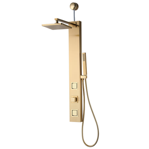 Dion Series 39 in. 2-Jetted Shower Tower with Heavy Rain Shower and Body Jets and Spray Wand in Brushed Gold