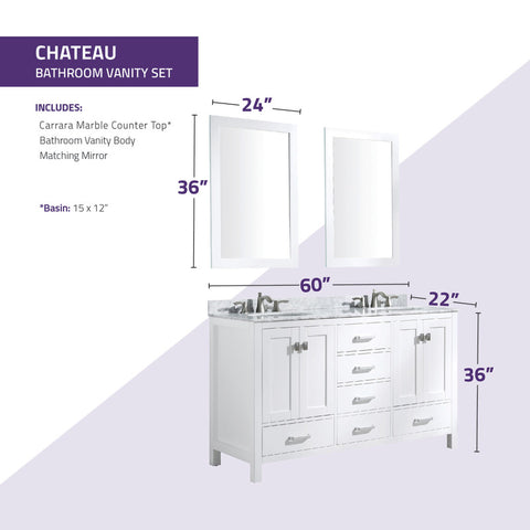Chateau 60 in. W x 22 in. D Bathroom Vanity Set with Carrara Marble Top with White Sink