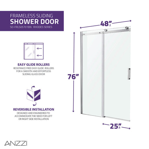 Rhodes Series 48 in. x 76 in. Frameless Sliding Shower Door with Handle