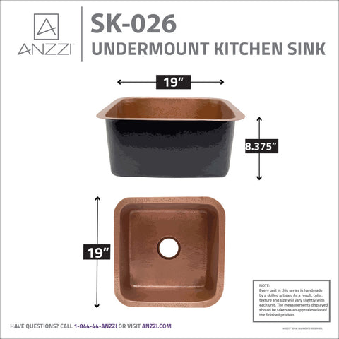 ANZZI Malta Drop-in Handmade Copper 19 in. 0-Hole Single Bowl Kitchen Sink in Hammered Antique Copper