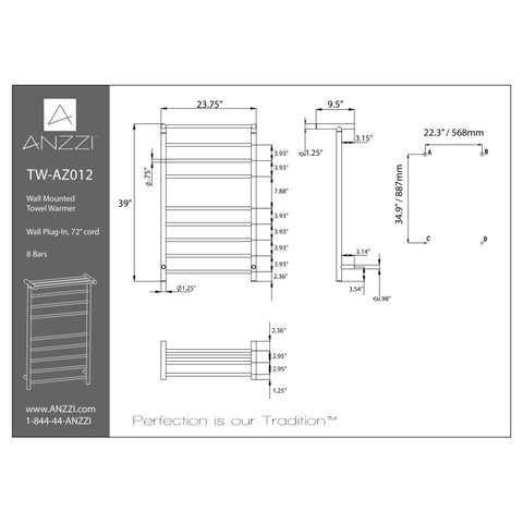 Eve 8-Bar Stainless Steel Wall Mounted Electric Towel Warmer Rack
