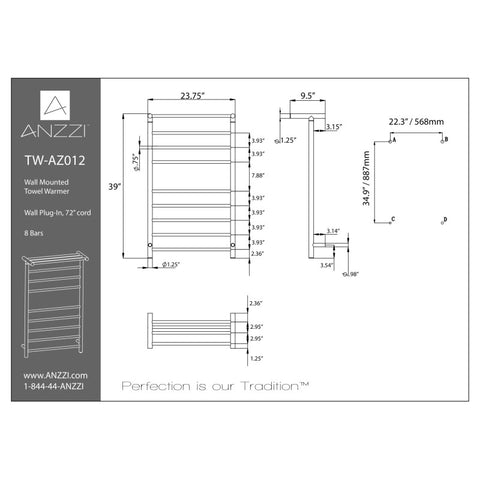 ANZZI Eve 8-Bar Stainless Steel Wall Mounted Electric Towel Warmer Rack