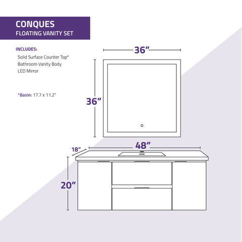 48 in W x 20 in H x 18 in D Bath Vanity with Cultured Marble Vanity Top in White with White Basin & Mirror