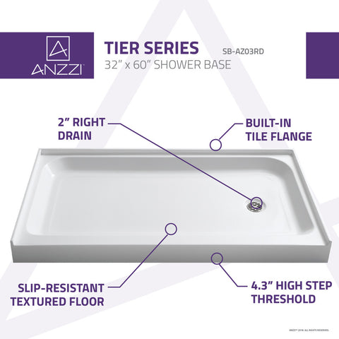 ANZZI Tier 32 x 60  in. Right Drain Single Threshold Shower Base in White