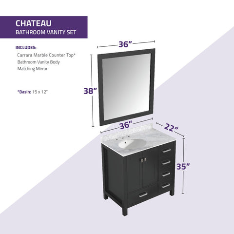 Chateau 36 in. W x 22 in. D Bathroom Bath Vanity Set with Carrara Marble Top with White Sink