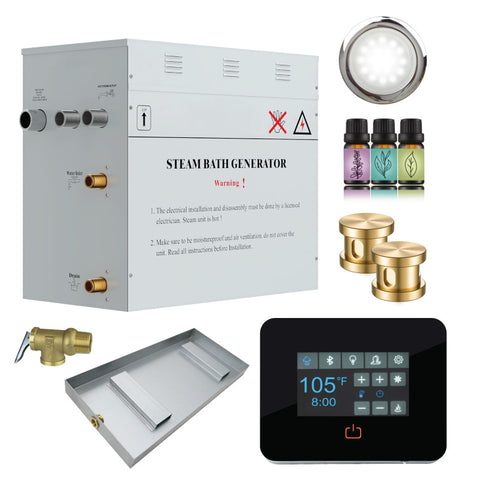CON1200GD - SaunaSpa Contractors Series 12kW Steam Bath Generator with Quickstart Continuous Steam, Black Digital Touch Pad, Built-in Auto-drain, Drain Pan, White LED light, and Aroma Steamhead in Gold Finish