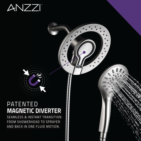 ANZZI Magnetic Valkyrie Multi-Spray Retro-Fit 7.48 in. Dual Wall Mount Fixed and Handheld Shower Head with Magna-Diverter