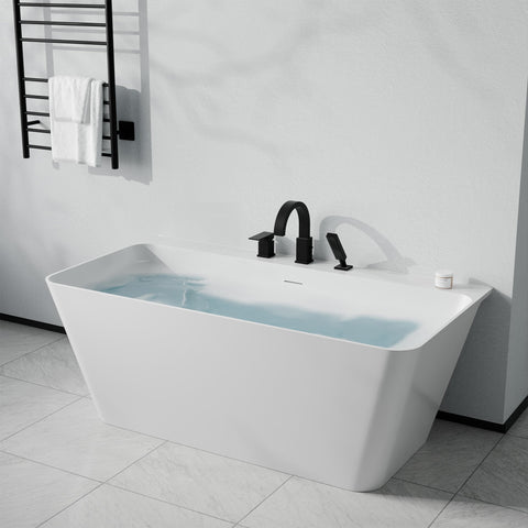 Vault Series 59 in. x 30 in. Flat Bottom Acrylic Freestanding Soaking Bathtub with Center Drain, Matte Black Faucet