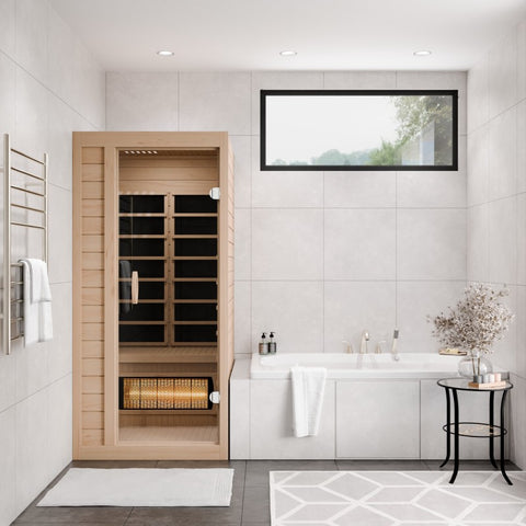 SC-SS0013-GS - SteamSpa Lucia 1- Person Indoor Hemlock Wooden Carbon FAR Infrared Home Sauna Room with LED Touch Control Panel and Heater