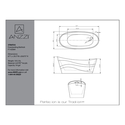 ANZZI 67 in. x 30 in. Freestanding Soaking Tub - Stratus Series