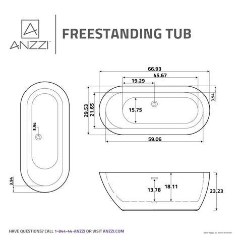 Ami Series 67 in. x 30 in. Flat Bottom Acrylic Freestanding 91 Gallon Soaking Bathtub with Center Drain in Glossy White