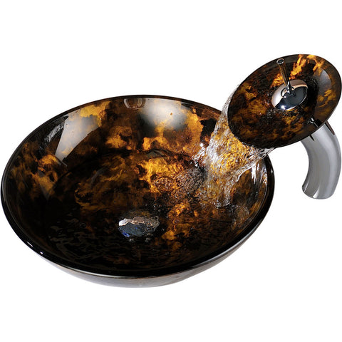 LS-AZ049 - ANZZI Timbre Series 17 in. Round Bathroom Vessel Sink in Kindled Amber Finish Glass with Matching Chrome Waterfall Faucet