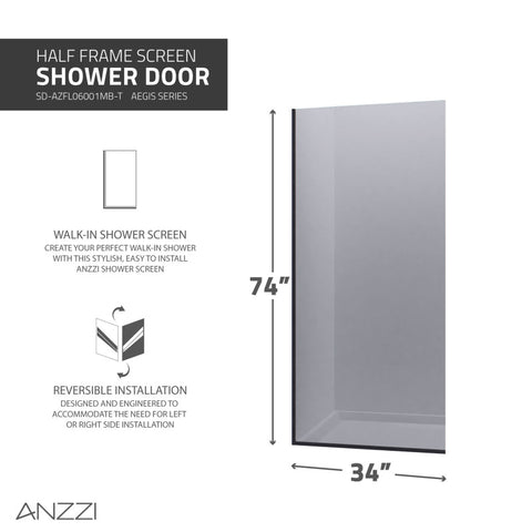 Aegis Series 34 in. by 74" Frameless Fixed Shower Screen