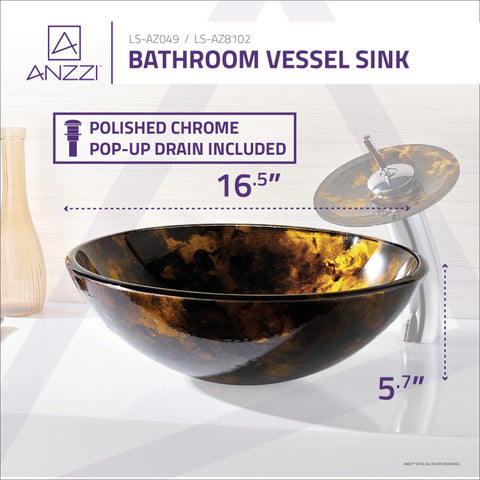 ANZZI Toa Series Deco-Glass Vessel Sink in Kindled Amber with Matching Chrome Waterfall Faucet