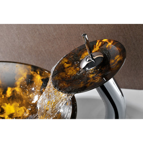 LS-AZ049 - ANZZI Timbre Series 17 in. Round Bathroom Vessel Sink in Kindled Amber Finish Glass with Matching Chrome Waterfall Faucet