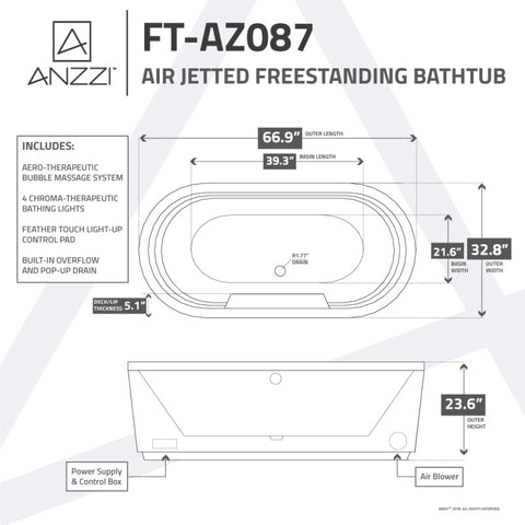 Jetson Series 67" Air Jetted Freestanding Acrylic Bathtub in White