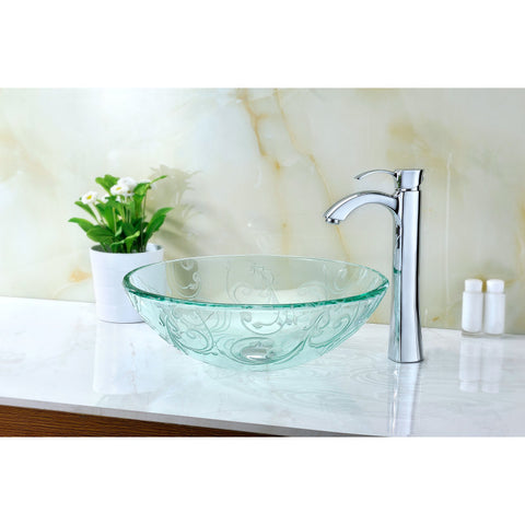 LS-AZ065 - ANZZI Vieno Series 17 in. Bathroom Vessel Sink with Scratch-Tough and Stain-Resistant Non-Porous Surface in Clear Floral Glass