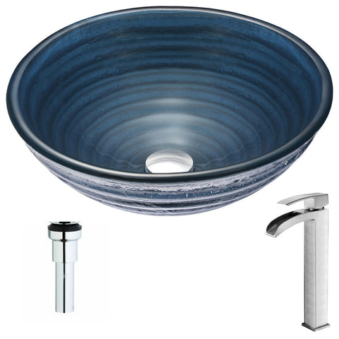 LSAZ042-097 - ANZZI Tempo Series Deco-Glass Vessel Sink in Coiled Blue with Key Faucet in Polished Chrome