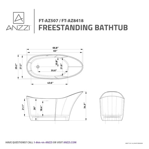 ANZZI 68 in. x 29 in. Freestanding Soaking Tub with Flatbottom - Tuasavi Series