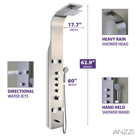 ANZZI Echo 63.5 in. 4-Jetted Full Body Shower Panel with Heavy Rain Showerhead, Spray Wand and Tub Spout in Brushed Steel