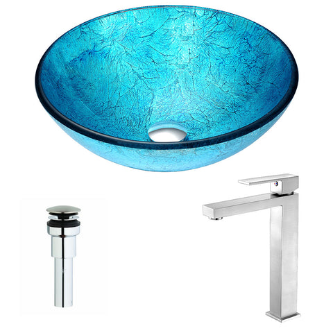 ANZZI Accent Series Deco-Glass Vessel Sink in Blue Ice with Enti Faucet