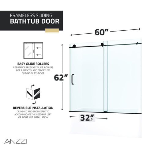 ANZZI Don Series 60 in. x 62 in. Frameless Sliding Tub Door