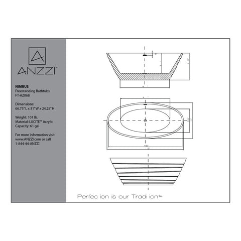 ANZZI 67.2 in. Acrylic Center Drain Freestanding Tub Nimbus Series
