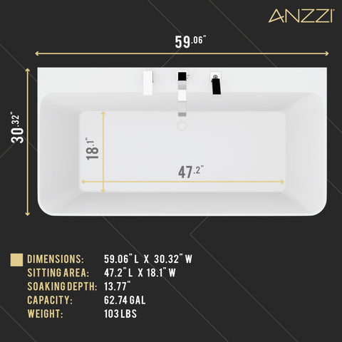 ANZZI 59 in. x 30 in. Freestanding Soaking Tub with Deck Mount Faucet & Hand Sprayer