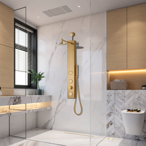 Beverly Series 43 in. 3-Jetted Shower Panel Tower in Gold with Heavy Rain Showerhead, Spray Wand and DIY Friendly Design