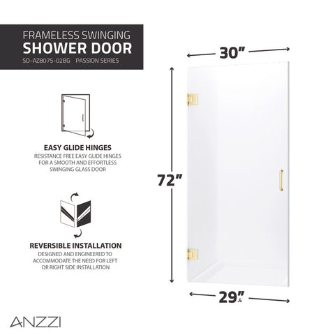 Passion Series 30 in. by 72 in. Frameless Hinged Shower Door with Handle
