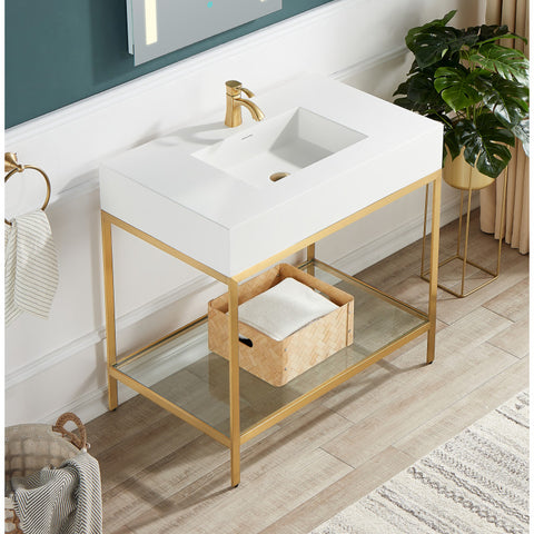 CS-FGC001-BG - ANZZI Ventura 36 in. Console Sink in Brushed Gold with Matte White Counter Top