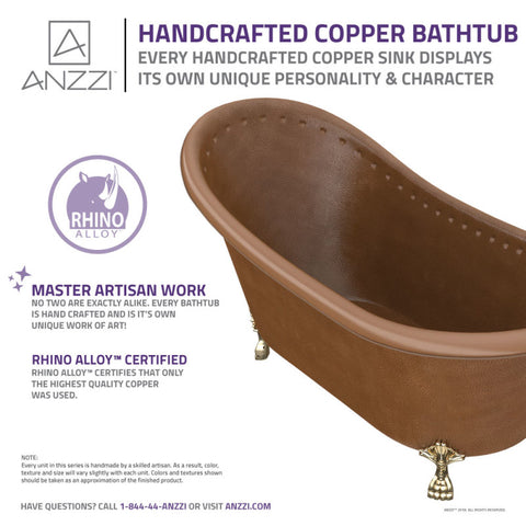 ANZZI Sivas 66 in. Handmade Copper Slipper Clawfoot Non-Whirlpool Bathtub in Hammered Antique Copper