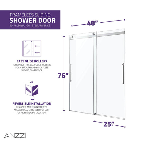 ANZZI Stellar Series 48 in. x 76 in. Frameless Sliding Shower Door with Handle