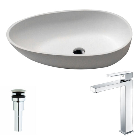 LSAZ606-096 - ANZZI Trident One Piece Solid Surface Vessel Sink in Matte White with Enti Faucet in Chrome