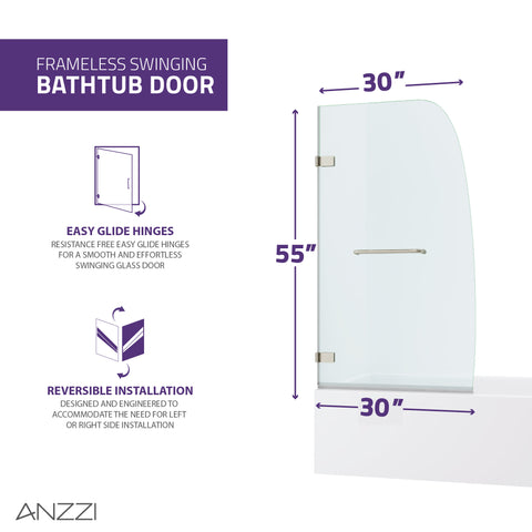 ANZZI Grand Series 31.5 in. by 56 in. Frameless Hinged Tub Door