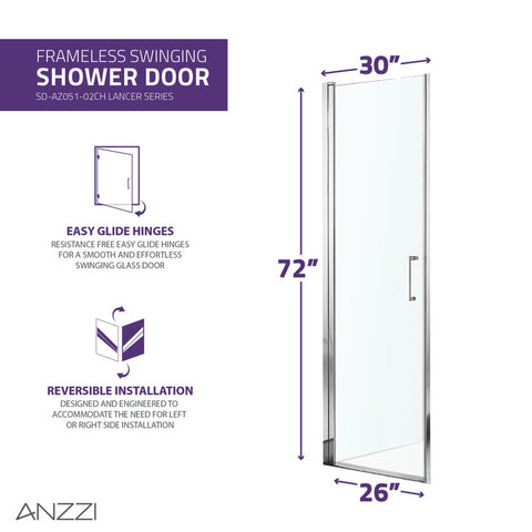 Lancer 29 in. x 72 in. Semi-Frameless Shower Door with TSUNAMI GUARD