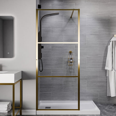 Himmel Series 34 in. x 78 in. Fixed Frameless Shower Door in Brushed Gold with Tsunami Guard Tempered Clear Glass