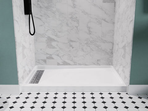 Alexander 60 in. L x 30 in. W Alcove Shower Pan Base with Left Drain in Glossy White Marine Acrylic